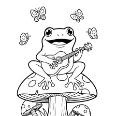 Happy Frog Playing Guitar on Mushroom with Butterflies.