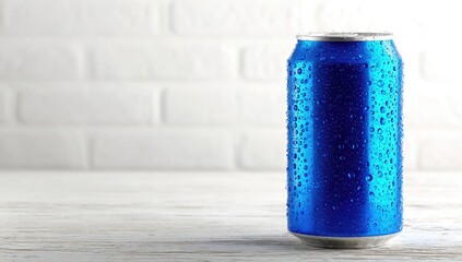 Blue, condensation-covered can on white surface