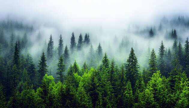 A dense, evergreen forest with tall pine trees shrouded in thick fog. The foreground shows vibrant green foliage, while the background fades into a soft, misty