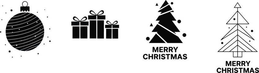 Geometric Merry Christmas Trees Gift Boxes and Bauble Ornament Icons Vector.