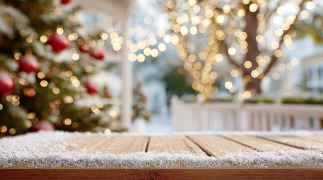 Snow-covered wooden table with blurred christmas lights and decorated tree in background