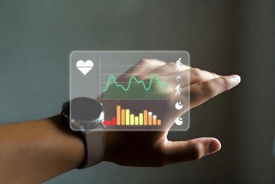 Advanced Wellness Tracking A Hand Interacts with a Holographic Smartwatch Display for Digital Health Monitoring