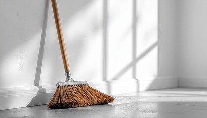 Angled Brown Broom Leaning Against White Wall with Sunlight and Shadows in Corner Room