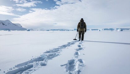 Antarctic Explorer Walking in Snowy Landscape Under Cloudy Blue Sky