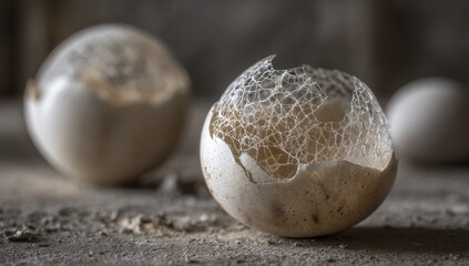 Broken eggshell shows web pattern; others blur background