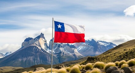 Chilean flag waving in the wind against a backdrop of majestic Andes mountains and a clear sky. Patriotism and national pride concept for Chile.