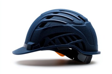 Fototapeta premium A modern blue hard hat displayed in profile showcases its sleek design, emphasizing safety in construction, work settings, and the importance of worker protection in professional environments.