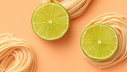 Pasta nests and lime slices on peach background
