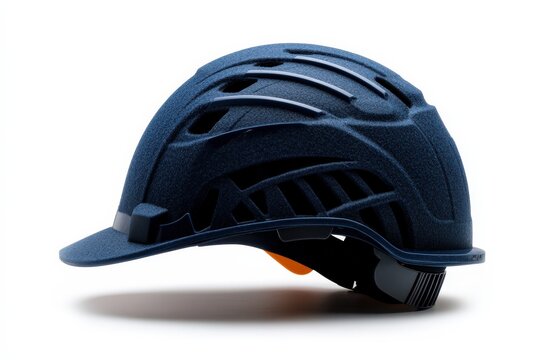 A modern blue hard hat displayed in profile showcases its sleek design, emphasizing safety in construction, work settings, and the importance of worker protection in professional environments.