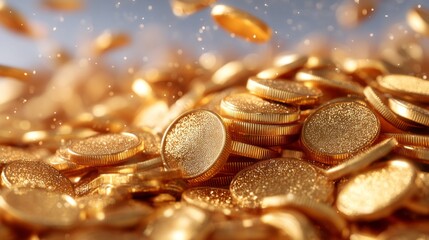 A pile of gold coins with a shiny, reflective surface
