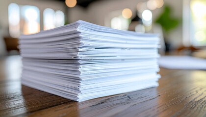 Close Up of a Stack of White Paper on a Wooden Table in Natural Lighting with Blurred Background Office Setting