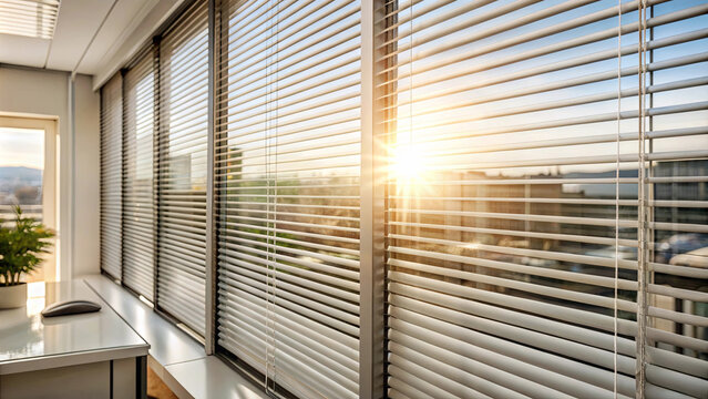 Sunrise shining through window blinds in modern office with desk