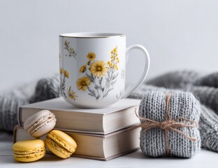 Floral mug, macarons, books, and cozy knit