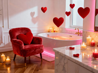 Romantic spa setting with red heart, bathroom and candles. Valentine's Day celebration concept