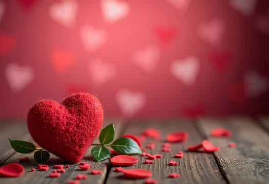 Romantic Red Heart on wooden plank background, text space - Powered by Adobe