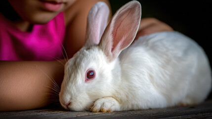 Obraz premium Close-up of bunny relaxing on child's lap, blurred wooden floor, tender bond