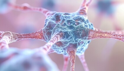 Detailed Neuron Cell Body with Axons and Dendrites in Pink Blue Hues on Light Background