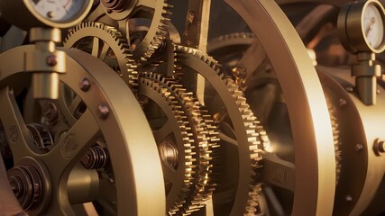 Gears Rotate in Steampunk Inspired Mechanism Machine Loop
