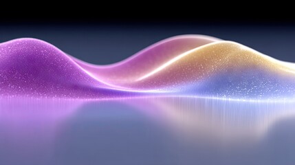 An abstract digital waveform with glowing purple and yellow particles, reflecting on a smooth surface against a dark background.