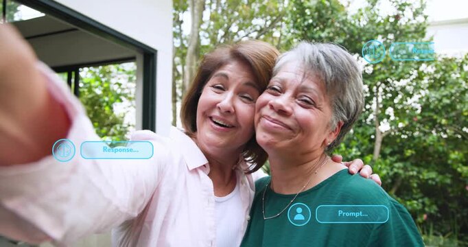 Two women holding phone extending arm causing blue UI around faces camera zooming for social media