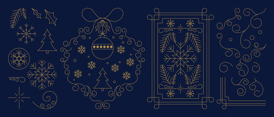 Naklejka premium Christmas vector line frame and element set with holly, ornaments, snowflakes and golden decorative shapes — elegant festive design for greeting cards