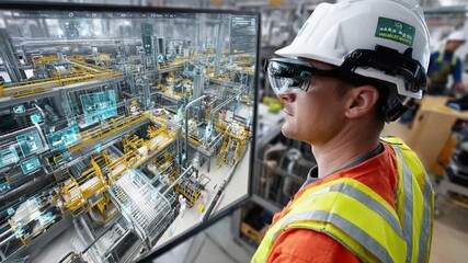 Augmented Reality in the Industry: A worker in a helmet with an augmented reality heads-up display examines a factory floor using technological innovation. - Powered by Adobe