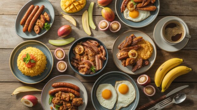Overhead View of a Full Tropical Filipino Breakfast (Silog) Spread with Fried Rice, Eggs, Meats, Fruits, and Coffee.