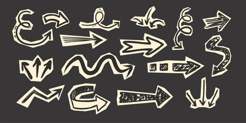 Scrapbook set with paper arrow cutout torn doodle scribble collage elements. Y2k swirl, up and down, right and left arrow collection.