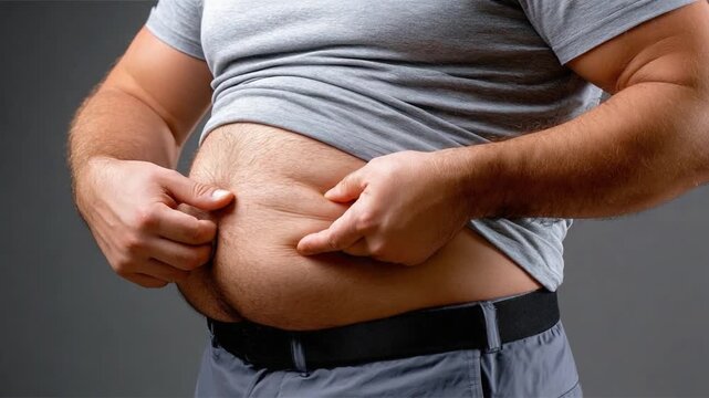 Body Fat Analysis: A close-up shot of an individual, fingers pinching belly fat, highlighting a concern about physical well-being.