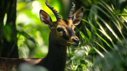 Majestic antelope with spiral horns gazing intently amidst lush green jungle foliage
