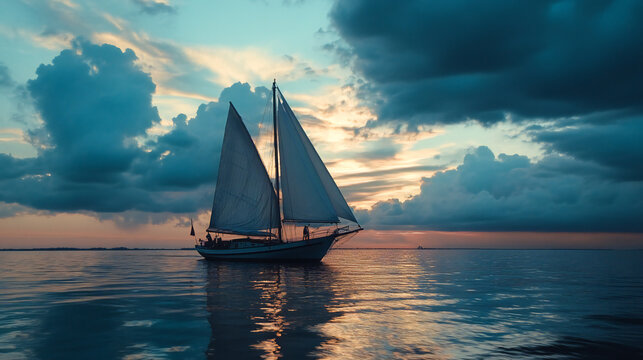 Serene sailboat glides across tranquil waters under a dramatic twilight sky with soft clouds - Powered by Adobe
