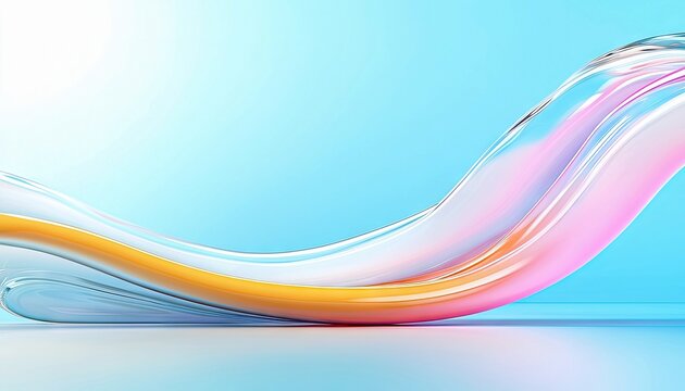 A smooth, flowing abstract wave shape with translucent layers of pink, white, and gold, set against a soft blue gradient background. The lighting is bright and