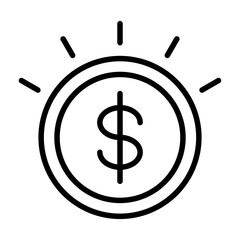 Line icon of dollar coin with rays symbolizing financial profit and monetary gain.