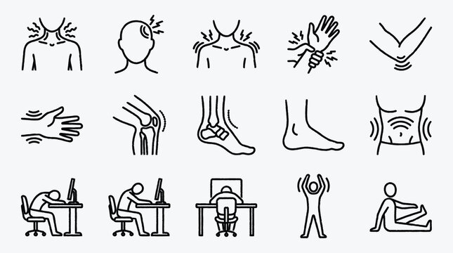 Set of Black and White Pain and Body Problems Illustration Icons