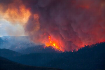 Intense Wildfire Rages Across Mountain Forest Landscape