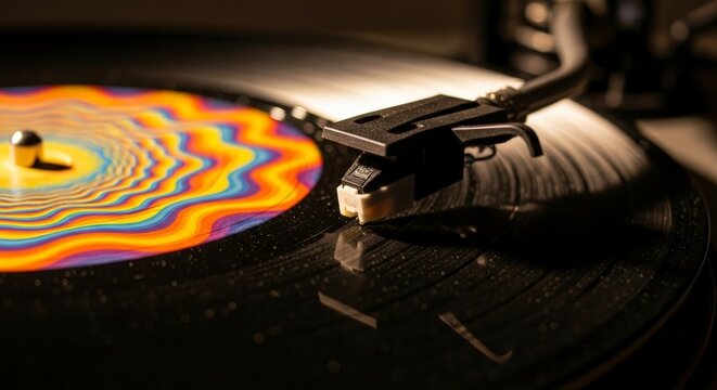 Vibrant colors spin on a vintage vinyl record player capturing the essence of retro music - Powered by Adobe