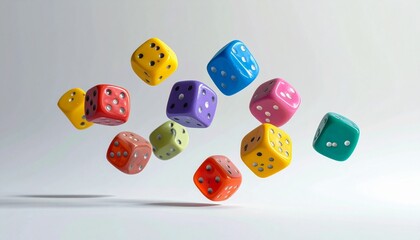 Floating colorful dice in air, playful motion and randomness unleashed…