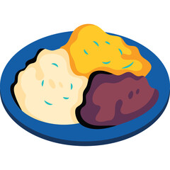 Pixel art illustration of a dark blue plate filled with three distinct mounds of food mashed potatoes sweet potato and a dark bean paste dish with teal accents and flat design style