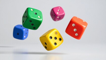 Floating colorful dice in air, playful motion and randomness unleashed…