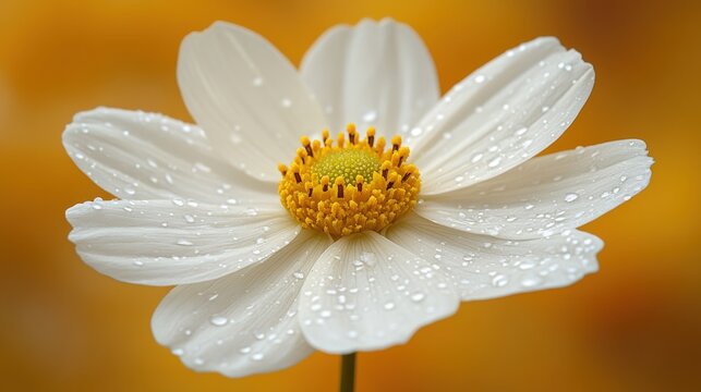 A delicate white daisy adorned with glistening dew drops rests against a vibrant orange backdrop. The image evokes feelings of serenity, beauty, and natural wonder.