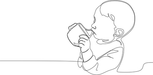 CoContinuous line drawing. Little baby drinking from spout cup. Vector illustration.ntinuous line drawing.  Lit...