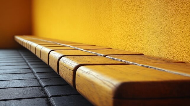 A weathered wooden bench sits comfortably against a vibrant yellow wall adorned with sleek black tiles. The scene evokes a sense of tranquility and invites relaxation.