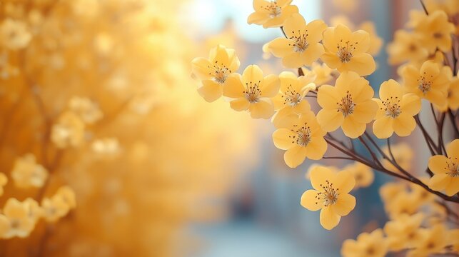 Close-up image of vibrant yellow flowers with detailed stamens. Evokes tranquility and natural beauty, focusing on intricate floral detail and a soft, blurred background.