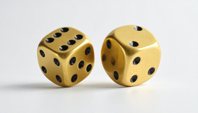 Golden dice on white surface, luck meets luxury in motion…