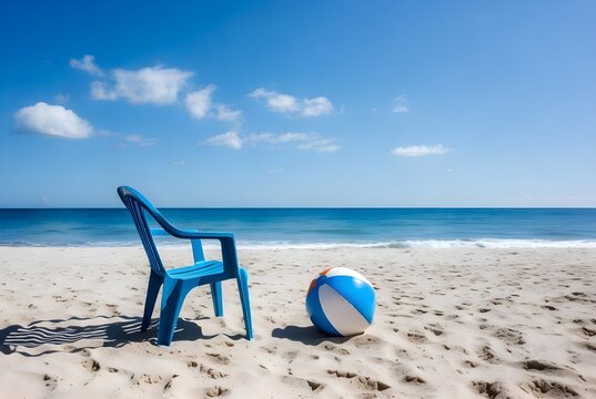 Sunny Beach Retreat with Blue Chair and Colorful Beach Ball