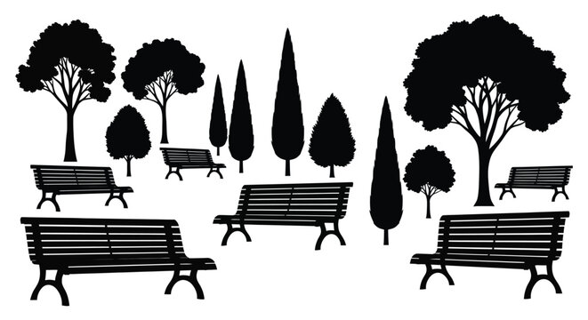 Park benches and trees illustration in black and white silhouette