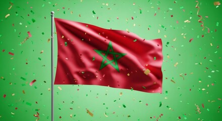 Morocco flag on pole with confetti falling, suitable for national holiday celebration, independence day, and chromakey application.