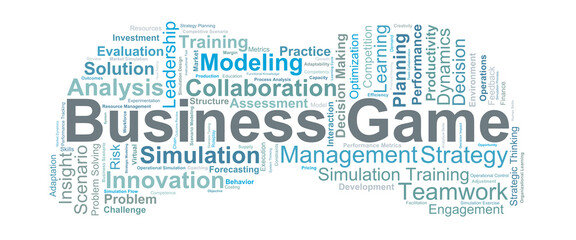 Business Game Word Cloud. Key terms highlighting simulation learning, strategic decision-making, problem-solving, teamwork, and practical business skill development in virtual scenarios.