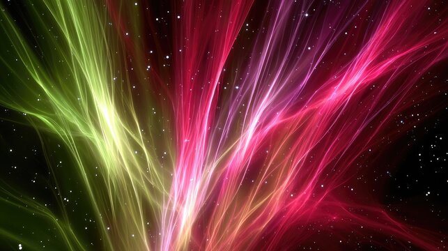 Abstract swirling ribbons of light in green and pink hues against a dark background with tiny white specks resembling stars.