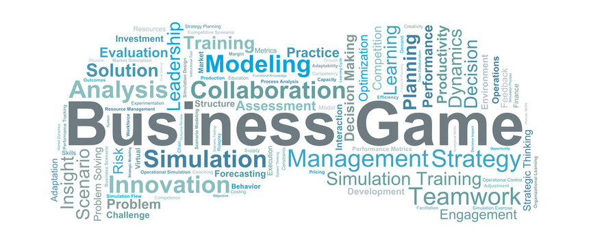 Business Game Word Cloud. Key terms highlighting simulation learning, strategic decision-making, problem-solving, teamwork, and practical business skill development in virtual scenarios.